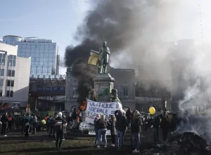 Участники протестов в центре Брюсселя демонтировали и повредили статую XIX века